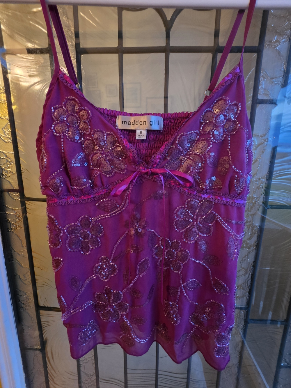 Madden Girl Women's Purple Beaded Sequin Floral Cami